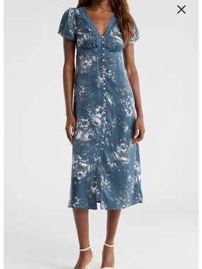 Lucky Brand Lace Trim Floral Print Midi Dress